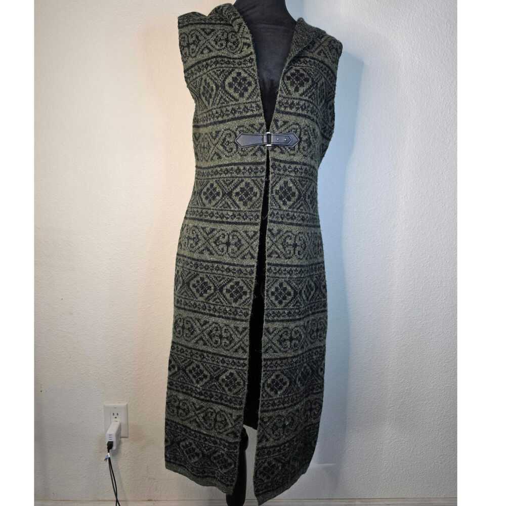 Miss Kilia Long Knit Hooded Duster Vest Fair Isle Nordic Goblincore Celtic Sz M